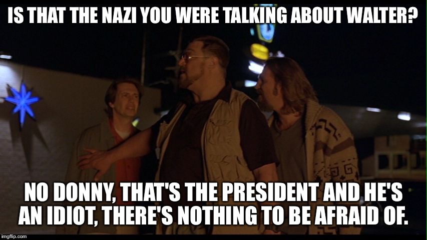 Nazis? | IS THAT THE NAZI YOU WERE TALKING ABOUT WALTER? NO DONNY, THAT'S THE PRESIDENT AND HE'S AN IDIOT, THERE'S NOTHING TO BE AFRAID OF. | image tagged in nazis | made w/ Imgflip meme maker