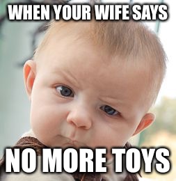 Skeptical Baby Meme | WHEN YOUR WIFE SAYS; NO MORE TOYS | image tagged in memes,skeptical baby | made w/ Imgflip meme maker