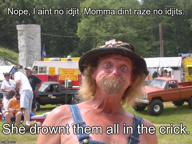 Redneck | Nope, I aint no idjit. Momma dint raze no idjits. She drownt them all in the crick. | image tagged in redneck | made w/ Imgflip meme maker