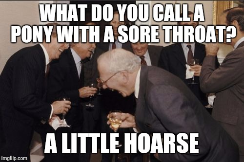 Laughing Men In Suits | WHAT DO YOU CALL A PONY WITH A SORE THROAT? A LITTLE HOARSE | image tagged in memes,laughing men in suits | made w/ Imgflip meme maker