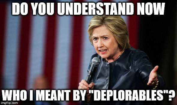Hillary, NOW do you know who I meant by deplorables? | DO YOU UNDERSTAND NOW; WHO I MEANT BY "DEPLORABLES"? | image tagged in hillary,hillary clinton,trump,election,2020,deplorables | made w/ Imgflip meme maker