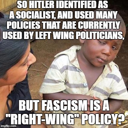 I want to track down the person who changed the dictionary definition, and try them for spreading falsehoods. | SO HITLER IDENTIFIED AS A SOCIALIST, AND USED MANY POLICIES THAT ARE CURRENTLY USED BY LEFT WING POLITICIANS, BUT FASCISM IS A "RIGHT-WING" POLICY? | image tagged in memes,third world skeptical kid | made w/ Imgflip meme maker