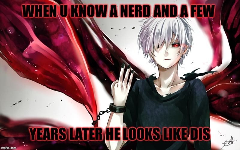 Tokyo Ghoul #2 | WHEN U KNOW A NERD AND A FEW; YEARS LATER HE LOOKS LIKE DIS | image tagged in tokyo ghoul | made w/ Imgflip meme maker