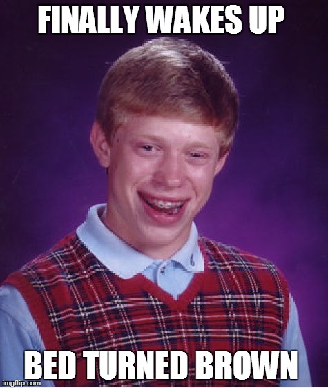 Bad Luck Brian Meme | FINALLY WAKES UP BED TURNED BROWN | image tagged in memes,bad luck brian | made w/ Imgflip meme maker