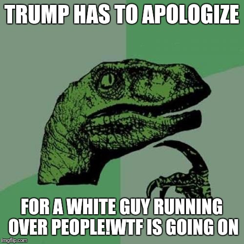 Philosoraptor Meme | TRUMP HAS TO APOLOGIZE; FOR A WHITE GUY RUNNING OVER PEOPLE!WTF IS GOING ON | image tagged in memes,philosoraptor | made w/ Imgflip meme maker