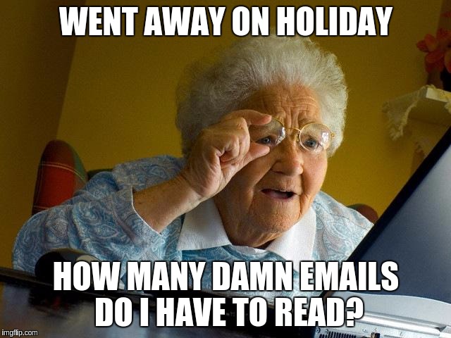 doing email after going on holiday | WENT AWAY ON HOLIDAY; HOW MANY DAMN EMAILS DO I HAVE TO READ? | image tagged in grandma finds the internet,email,holiday | made w/ Imgflip meme maker