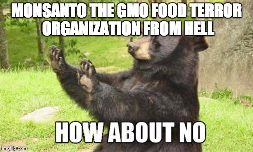 How About No Bear Meme | MONSANTO THE GMO FOOD TERROR ORGANIZATION FROM HELL | image tagged in memes,how about no bear | made w/ Imgflip meme maker