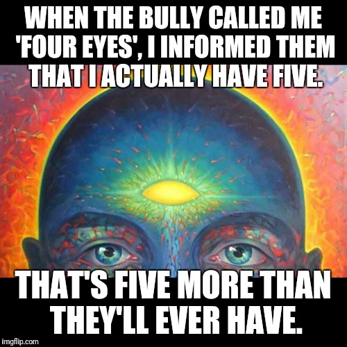 WHEN THE BULLY CALLED ME 'FOUR EYES', I INFORMED THEM THAT I ACTUALLY HAVE FIVE. THAT'S FIVE MORE THAN THEY'LL EVER HAVE. | image tagged in awaken | made w/ Imgflip meme maker