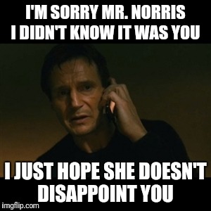 Liam Neeson Taken | I'M SORRY MR. NORRIS I DIDN'T KNOW IT WAS YOU; I JUST HOPE SHE DOESN'T DISAPPOINT YOU | image tagged in memes,liam neeson taken | made w/ Imgflip meme maker
