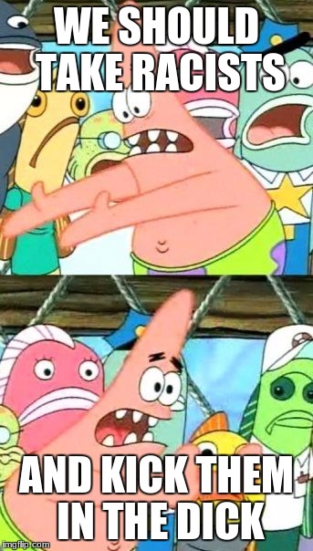 Put It Somewhere Else Patrick | WE SHOULD TAKE RACISTS; AND KICK THEM IN THE DICK | image tagged in memes,put it somewhere else patrick | made w/ Imgflip meme maker