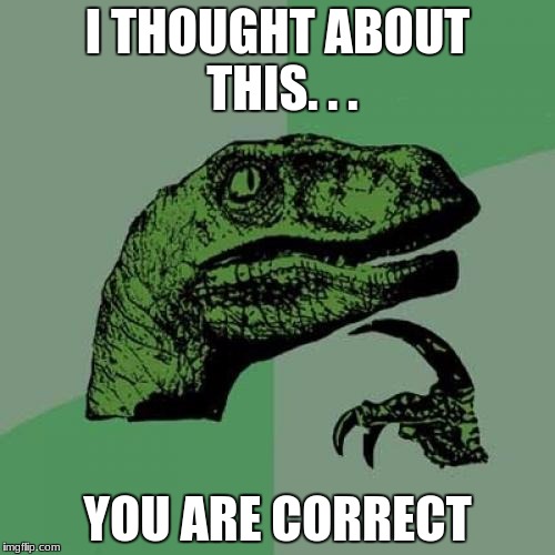 Philosoraptor Meme | I THOUGHT ABOUT THIS. . . YOU ARE CORRECT | image tagged in memes,philosoraptor | made w/ Imgflip meme maker
