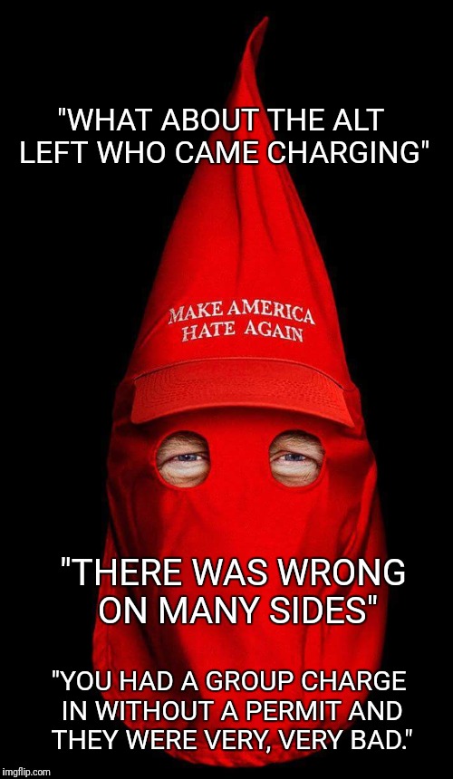 "WHAT ABOUT THE ALT LEFT WHO CAME CHARGING"; "THERE WAS WRONG ON MANY SIDES"; "YOU HAD A GROUP CHARGE IN WITHOUT A PERMIT AND THEY WERE VERY, VERY BAD." | image tagged in donald trump | made w/ Imgflip meme maker