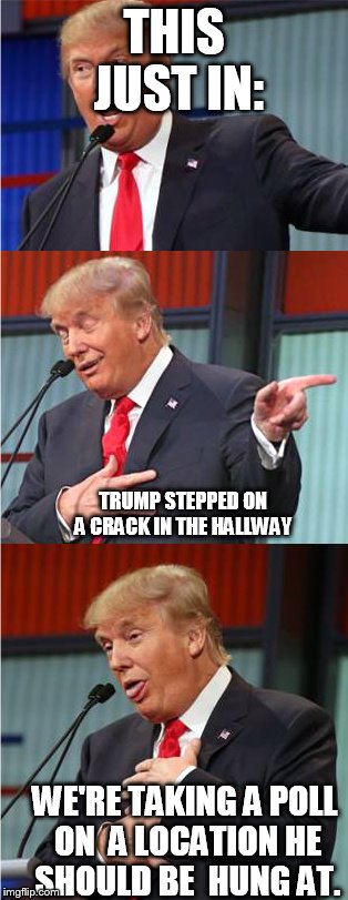 trump  | THIS JUST IN:; TRUMP STEPPED ON A CRACK IN THE HALLWAY; WE'RE TAKING A POLL ON  A LOCATION HE SHOULD BE  HUNG AT. | image tagged in bad pun trump,hang him,trump   bad | made w/ Imgflip meme maker