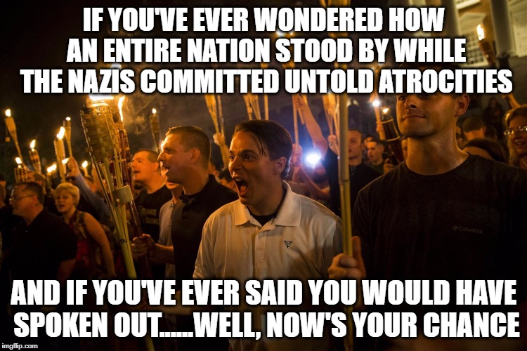 Nazis | IF YOU'VE EVER WONDERED HOW AN ENTIRE NATION STOOD BY WHILE THE NAZIS COMMITTED UNTOLD ATROCITIES; AND IF YOU'VE EVER SAID YOU WOULD HAVE SPOKEN OUT......WELL, NOW'S YOUR CHANCE | image tagged in donald trump,trump,nazis,alt right,charlottesville | made w/ Imgflip meme maker