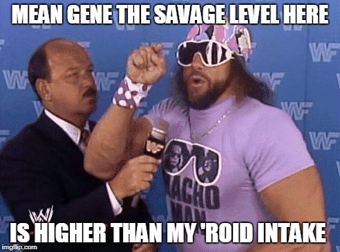 savage level | MEAN GENE THE SAVAGE LEVEL HERE IS HIGHER THAN MY 'ROID INTAKE | image tagged in savage level | made w/ Imgflip meme maker