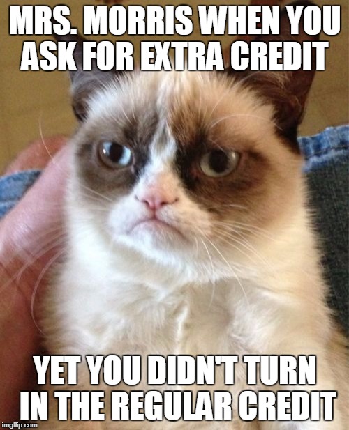 Grumpy Cat Meme | MRS. MORRIS WHEN YOU ASK FOR EXTRA CREDIT; YET YOU DIDN'T TURN IN THE REGULAR CREDIT | image tagged in memes,grumpy cat | made w/ Imgflip meme maker