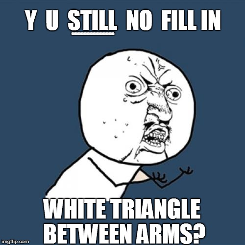 Y U | OOOOOOOOOOOOOOOOOOOOOOOOOOOOO; Y  U  STILL  NO  FILL IN; WHITE TRIANGLE BETWEEN ARMS? | image tagged in memes,y u no | made w/ Imgflip meme maker