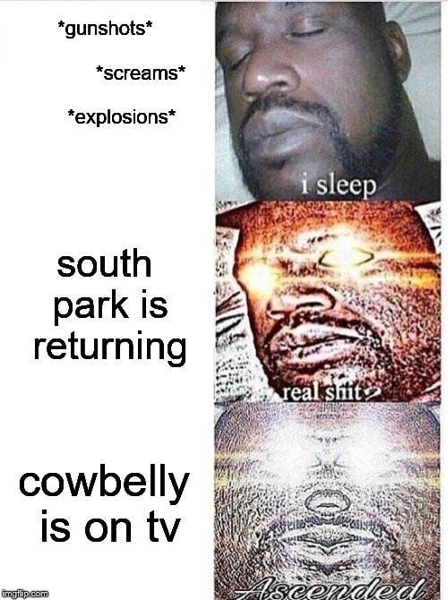 listen up here ya fat cunt | *gunshots*                           *screams*            *explosions*; south park is returning; cowbelly is on tv | image tagged in memes,funny,i sleep,real shit,ascended | made w/ Imgflip meme maker