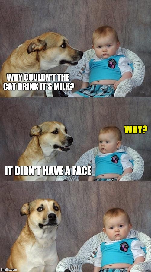 A 'joke' I was told years ago that made me laugh is presented here in meme form | WHY COULDN'T THE CAT DRINK IT'S MILK? WHY? IT DIDN'T HAVE A FACE | image tagged in memes,dad joke dog | made w/ Imgflip meme maker