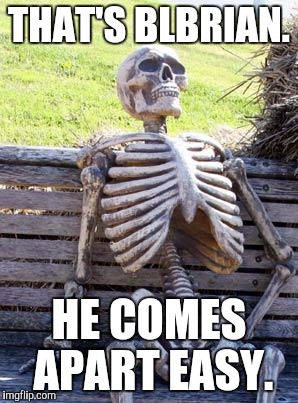 Waiting Skeleton Meme | THAT'S BLBRIAN. HE COMES APART EASY. | image tagged in memes,waiting skeleton | made w/ Imgflip meme maker