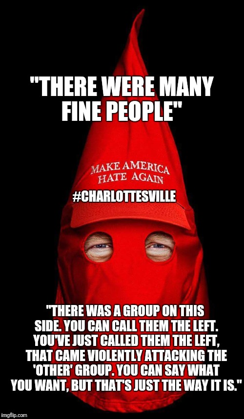 "THERE WERE MANY FINE PEOPLE"; #CHARLOTTESVILLE; "THERE WAS A GROUP ON THIS SIDE. YOU CAN CALL THEM THE LEFT. YOU'VE JUST CALLED THEM THE LEFT, THAT CAME VIOLENTLY ATTACKING THE 'OTHER' GROUP. YOU CAN SAY WHAT YOU WANT, BUT THAT'S JUST THE WAY IT IS." | image tagged in donald trump | made w/ Imgflip meme maker