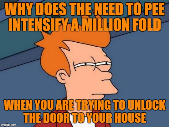 Futurama Fry Meme | WHY DOES THE NEED TO PEE INTENSIFY A MILLION FOLD; WHEN YOU ARE TRYING TO UNLOCK THE DOOR TO YOUR HOUSE | image tagged in memes,futurama fry | made w/ Imgflip meme maker
