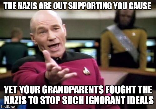 Picard Wtf Meme | THE NAZIS ARE OUT SUPPORTING YOU CAUSE; YET YOUR GRANDPARENTS FOUGHT THE NAZIS TO STOP SUCH IGNORANT IDEALS | image tagged in memes,picard wtf | made w/ Imgflip meme maker