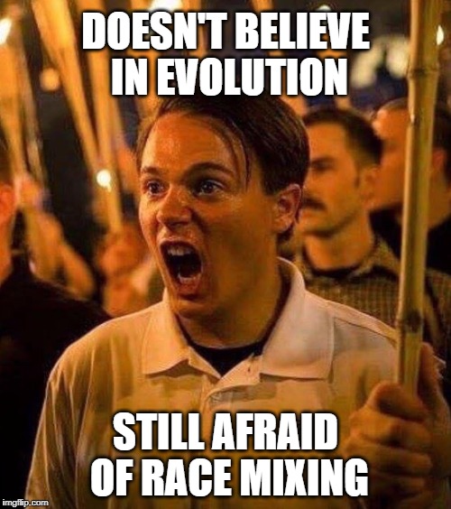 (Based on a tweet by Notch) | DOESN'T BELIEVE IN EVOLUTION; STILL AFRAID OF RACE MIXING | image tagged in white supremacist luau,race,mix,evolution,creationism,nazi | made w/ Imgflip meme maker