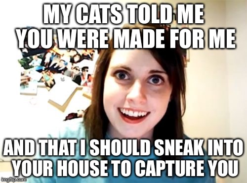Overly | MY CATS TOLD ME YOU WERE MADE FOR ME AND THAT I SHOULD SNEAK INTO YOUR HOUSE TO CAPTURE YOU | image tagged in overly | made w/ Imgflip meme maker
