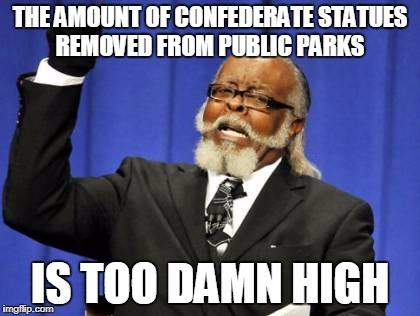New America | THE AMOUNT OF CONFEDERATE STATUES REMOVED FROM PUBLIC PARKS; IS TOO DAMN HIGH | image tagged in memes,too damn high,confederate,statues | made w/ Imgflip meme maker