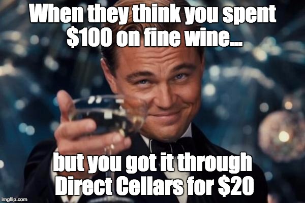 Leonardo Dicaprio Cheers Meme | When they think you spent $100 on fine wine... but you got it through Direct Cellars for $20 | image tagged in memes,leonardo dicaprio cheers | made w/ Imgflip meme maker
