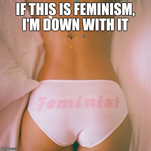I love a strong, independent woman, in pretty panties  | IF THIS IS FEMINISM, I'M DOWN WITH IT | image tagged in feminism,jbmemegeek,panties,sexy butt,hot girl,sexy woman | made w/ Imgflip meme maker