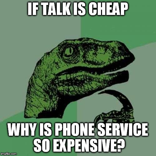 Philosoraptor | IF TALK IS CHEAP; WHY IS PHONE SERVICE SO EXPENSIVE? | image tagged in memes,philosoraptor | made w/ Imgflip meme maker
