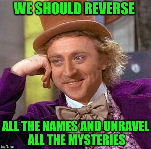 Creepy Condescending Wonka Meme | WE SHOULD REVERSE ALL THE NAMES AND UNRAVEL ALL THE MYSTERIES | image tagged in memes,creepy condescending wonka | made w/ Imgflip meme maker