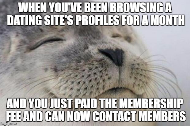 Happy Seal | WHEN YOU'VE BEEN BROWSING A DATING SITE'S PROFILES FOR A MONTH; AND YOU JUST PAID THE MEMBERSHIP FEE AND CAN NOW CONTACT MEMBERS | image tagged in happy seal | made w/ Imgflip meme maker