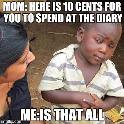Third World Skeptical Kid | MOM: HERE IS 10 CENTS FOR YOU TO SPEND AT THE DIARY; ME:IS THAT ALL | image tagged in memes,third world skeptical kid | made w/ Imgflip meme maker