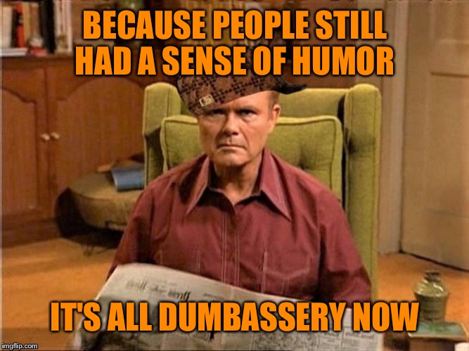 Red Foreman Scumbag Hat | BECAUSE PEOPLE STILL HAD A SENSE OF HUMOR IT'S ALL DUMBASSERY NOW | image tagged in red foreman scumbag hat | made w/ Imgflip meme maker