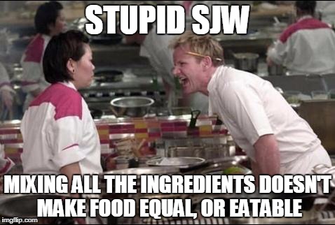 Angry Chef Gordon Ramsay Meme | STUPID SJW; MIXING ALL THE INGREDIENTS DOESN'T MAKE FOOD EQUAL, OR EATABLE | image tagged in memes,angry chef gordon ramsay | made w/ Imgflip meme maker