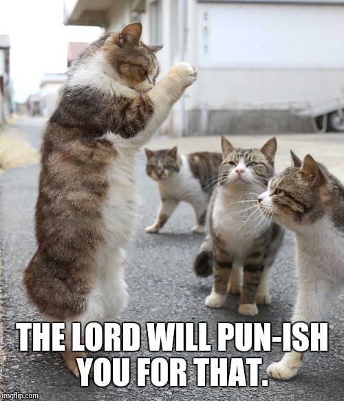 Cat Pastor | THE LORD WILL PUN-ISH YOU FOR THAT. | image tagged in cat pastor | made w/ Imgflip meme maker