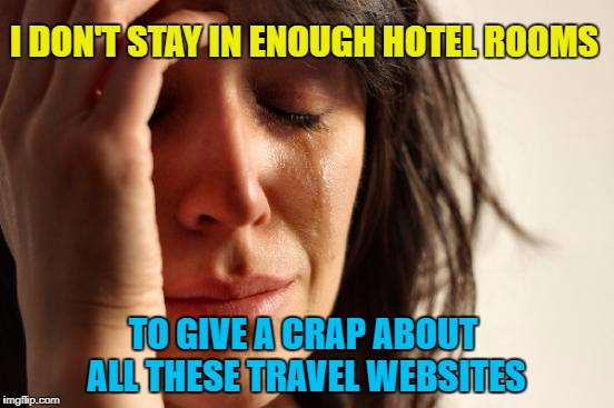 Trivago can kiss my ass | I DON'T STAY IN ENOUGH HOTEL ROOMS; TO GIVE A CRAP ABOUT ALL THESE TRAVEL WEBSITES | image tagged in memes,first world problems,traveling,hotel,vacation | made w/ Imgflip meme maker