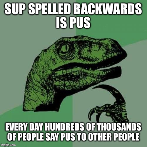 Philosoraptor | SUP SPELLED BACKWARDS IS PUS; EVERY DAY HUNDREDS OF THOUSANDS OF PEOPLE SAY PUS TO OTHER PEOPLE | image tagged in memes,philosoraptor | made w/ Imgflip meme maker