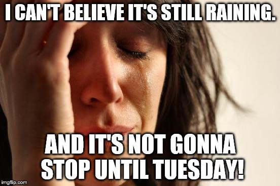 First World Problems Meme | I CAN'T BELIEVE IT'S STILL RAINING. AND IT'S NOT GONNA STOP UNTIL TUESDAY! | image tagged in memes,first world problems | made w/ Imgflip meme maker