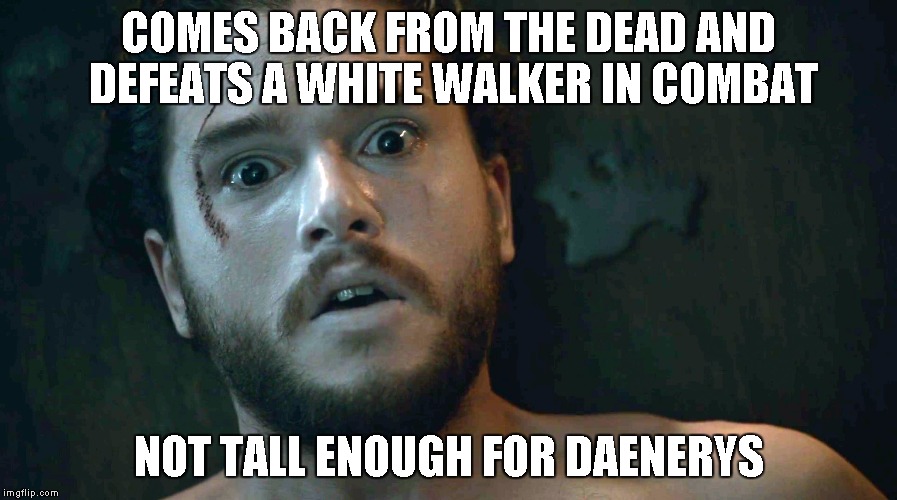 jon snow | COMES BACK FROM THE DEAD AND DEFEATS A WHITE WALKER IN COMBAT; NOT TALL ENOUGH FOR DAENERYS | image tagged in jon snow | made w/ Imgflip meme maker