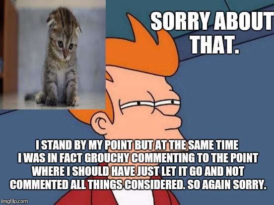 Futurama Fry Meme | SORRY ABOUT THAT. I STAND BY MY POINT BUT AT THE SAME TIME I WAS IN FACT GROUCHY COMMENTING TO THE POINT WHERE I SHOULD HAVE JUST LET IT GO  | image tagged in memes,futurama fry | made w/ Imgflip meme maker