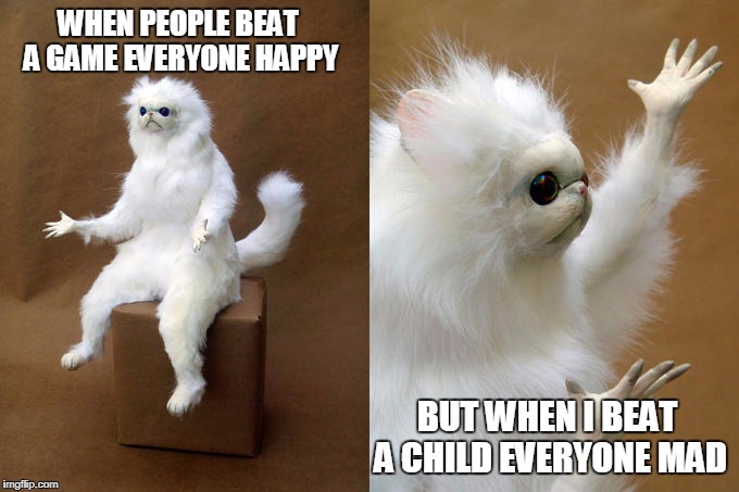 Persian Cat Room Guardian Meme | WHEN PEOPLE BEAT A GAME EVERYONE HAPPY; BUT WHEN I BEAT A CHILD EVERYONE MAD | image tagged in memes,persian cat room guardian | made w/ Imgflip meme maker