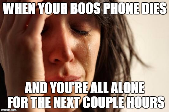 First World Problems | WHEN YOUR BOOS PHONE DIES; AND YOU'RE ALL ALONE FOR THE NEXT COUPLE HOURS | image tagged in memes,first world problems | made w/ Imgflip meme maker