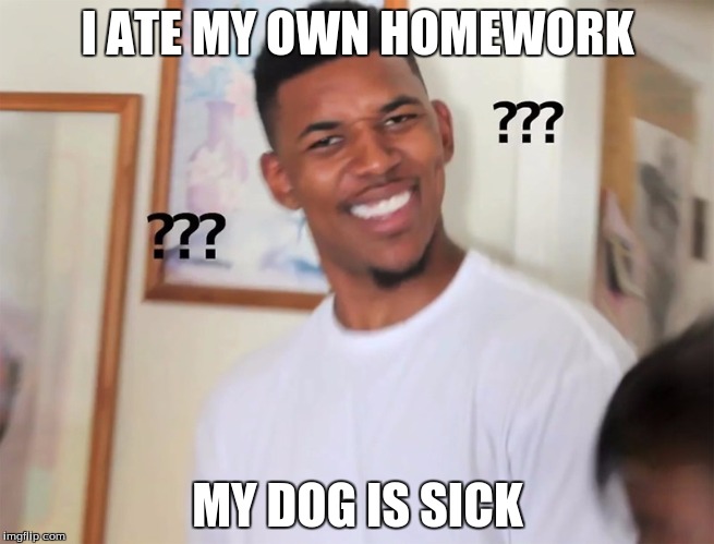 Snitched on nick young lol | I ATE MY OWN HOMEWORK; MY DOG IS SICK | image tagged in snitched on nick young lol | made w/ Imgflip meme maker