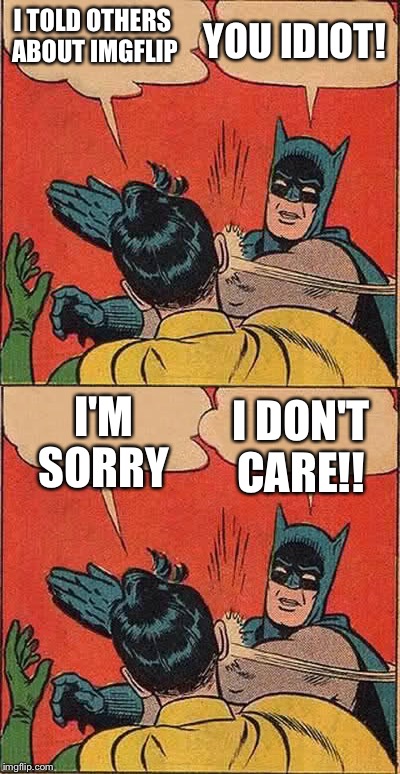 Batman, Robin & Img Flip  | YOU IDIOT! I TOLD OTHERS ABOUT IMGFLIP; I'M SORRY; I DON'T CARE!! | image tagged in funny batman | made w/ Imgflip meme maker