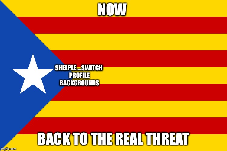 Barcelona terror | NOW; SHEEPLE....SWITCH PROFILE BACKGROUNDS; BACK TO THE REAL THREAT | image tagged in barcelona terror | made w/ Imgflip meme maker