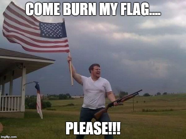 American flag shotgun guy | COME BURN MY FLAG.... PLEASE!!! | image tagged in american flag shotgun guy | made w/ Imgflip meme maker